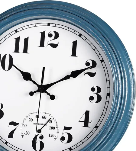 Miniatura 2 de JENLYSTIME Reloj de pared retro impermeable de 12 pulgadas para interior/exterior con termómetro, silencioso, redondo, de cuarzo, funciona con 40