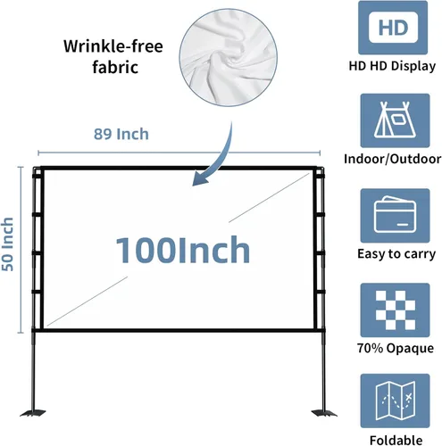 Miniatura 6 de Pantalla de proyector y soporte de 100 pulgadas, pantalla de proyección portátil de 16:9 4K HD, pantalla de películas con bolsa de transporte