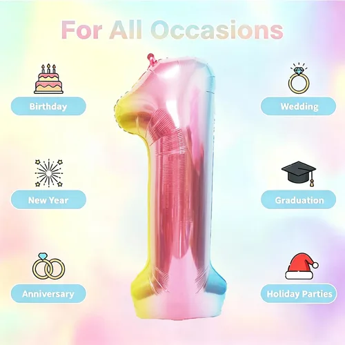 Miniatura 5 de Globos gigantes de 40 pulgadas arcoíris con el número 1, globos de cumpleaños, globos de helio de mylar de aluminio para decoraciones de fiesta