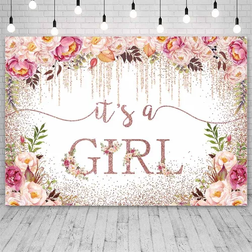 Miniatura 7 de Sendy Telón de fondo de baby shower de oro rosa de 7 x 5 pies para niñas, con texto en inglés "It's a Girl", fondo de fotografía para baby shower
