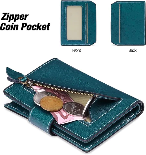 Miniatura 5 de FALAN MULE - Cartera de cuero auténtico para mujer pequeña plegable compacta con interferencia de radiofrecuencia RFID