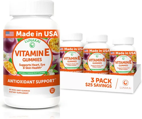 Lunakai Gomitas de vitamina E fabricadas en Estados Unidos de 400 UI con vitamina C, suplemento delicioso, vegano, sin OMG para soporte diario de la