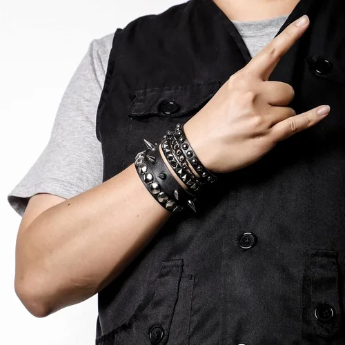Miniatura 2 de MILAKOO 3 unids hombres tachonado brazalete remaches pulsera cuero remaches pulsera