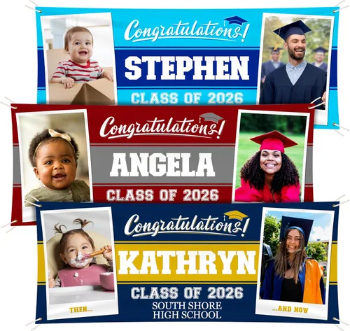 Cartel de graduación 2026 personalizado, entonces y ahora, tus propios colores escolares, mensaje, 17 opciones de color, 3 tamaños, vinilo de 13