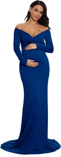 ZIUMUDY - Vestido ajustado de maternidad con cuello en V fruncido, hombros descubiertos, manga larga, maxivestido para fotografía