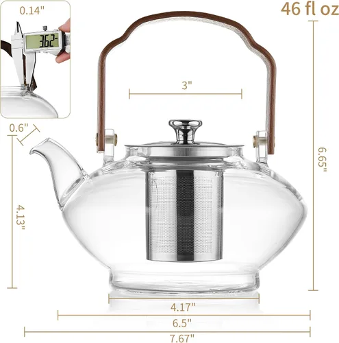 Miniatura 3 de UNBREAKABLE -Tetera de vidrio de 46 onzas con infusor y tapa de acero inoxidable, resistente al calor de vidrio de borosilicato para estufa