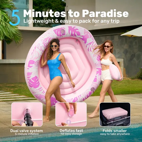Miniatura 6 de SLOOSH Flotador inflable para tumbona para piscina, 72 x 56 pulgadas, flotadores de piscina para adultos con almohada, flotador redondo 4 en 1