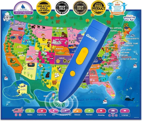 Qiaojoy Bilingüe interactivo para niños que hablan de Estados Unidos mapa para aprendizaje de niños, juegos de geografía, mapa electrónico