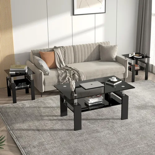 Miniatura 4 de Meihua Juego de 3 mesas auxiliares de cristal y mesa auxiliar, moderno juego de mesa de sala de estar con marco de vidrio templado y metal, mesas