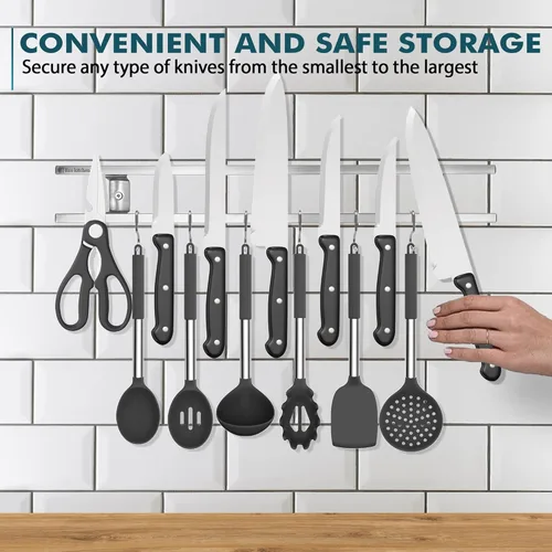 Miniatura 5 de Soporte magnético para cuchillos de pared, tira magnética de acero inoxidable de 18 pulgadas, soporte magnético para cuchillos de pared con ganchos