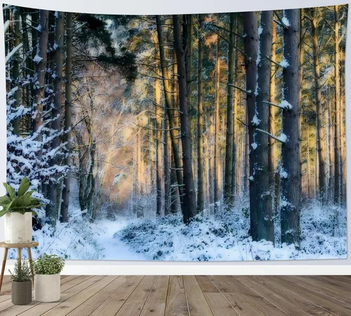 Miniatura 3 de LB Tapiz de Bosque de Nieve de Invierno, Pino Negro y Verde con Copo de Nieve Blanco Tapiz de Pared para Dormitorio, Arte de Pared de Paisaje