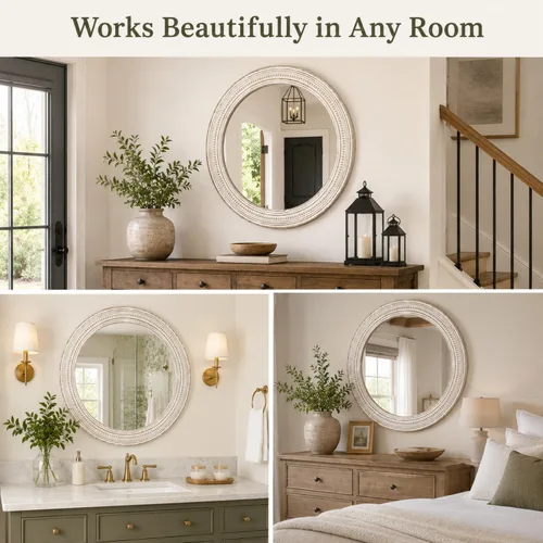 Miniatura 7 de Reflinto Espejos redondos de madera boho de 24 pulgadas para decoración de pared, espejo circular decorativo rústico para baño, sobre fregadero