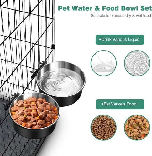 Miniatura 8 de Tazón de agua para jaula para perros sin derrames, paquete de 2 tazones colgantes para jaula para perros, tazones de agua y comida para perrera Negro