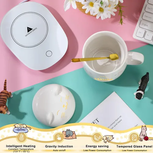 Miniatura 2 de Honeydak Juego de tazas de café, calentador de tazas de gato lindo para mujeres, calentadores de café con calefacción para mamá, oficina en casa