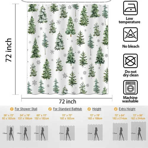 Miniatura 7 de Cortina de ducha de Navidad con diseño de pino, cortinas de baño decorativas estilo granja retro de acuarela, invierno, copos de nieve, verde, tela