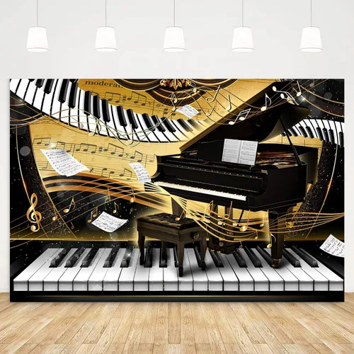 Miniatura 10 de Telón de fondo con tema de piano de 7 x 5 pies, notas musicales doradas, fondo de foto, tema musical, decoración de fiesta de cumpleaños, pancarta