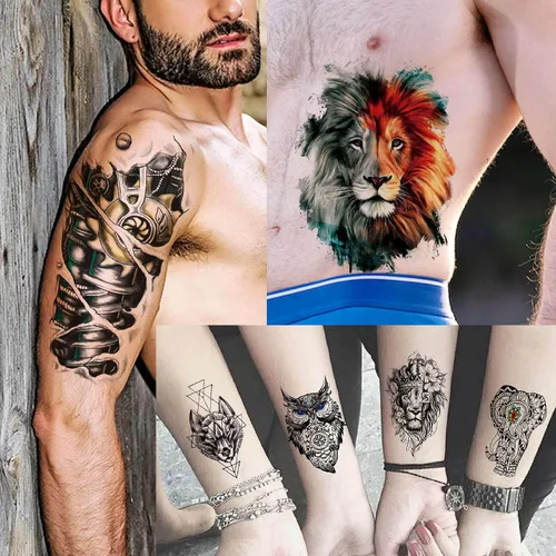 Miniatura 4 de Bilizar 56 hojas de tatuajes temporales de acuarela, búho, tigre, león, para mujeres y hombres, arte corporal, muslo, brazo y muslo, 3D de larga