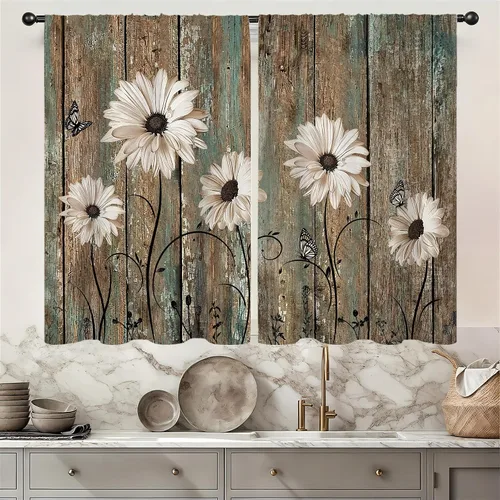 Cortinas de cocina vintage retro de madera, con bolsillo para cortinero, 27.5 pulgadas de ancho x 39 pulgadas de largo, 2 paneles de flores blancas