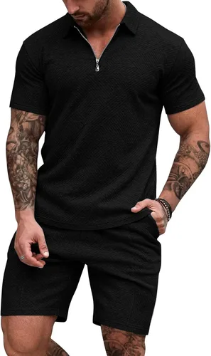 EISHOPEER Conjunto de camisa polo y pantalón corto para hombre, trajes de verano a la moda con cremallera para hombre, manga corta, 2 piezas,