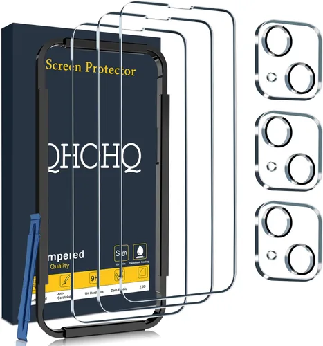 QHOHQ Paquete de 3 protectores de pantalla para iPhone 14 / iPhone 13 [6.1 pulgadas] con paquete de 3 protectores de lente de cámara de vidrio