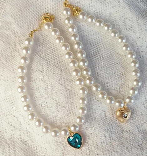 Miniatura 4 de Collar de perro con perlas y diamantes de imitación para perros pequeños, accesorios para collar de mascotas (azul marino, pequeño)