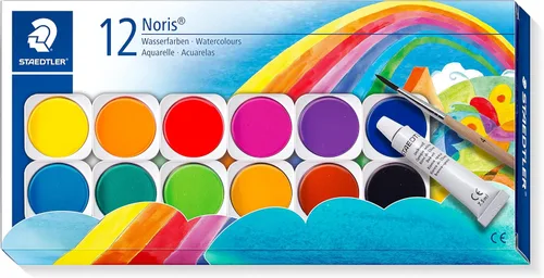 STAEDTLER 888 NC12 Noris - Pintura para acuarela, 12 colores surtidos (paquete de 1 con pincel y pintura opaca)