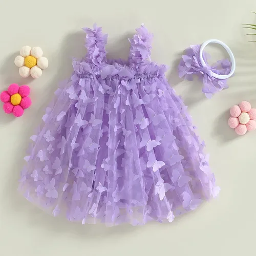 Miniatura 6 de Vestido de princesa para bebé niña 3D de malla de mariposa morada, sin mangas, de tul + diadema