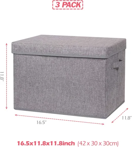 Miniatura 2 de TENABORT Paquete de 3 cajas de almacenamiento plegables grandes con tapas, cubos de almacenamiento de tela, contenedores de tela, cestas