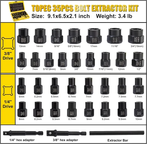 Miniatura 2 de Kit de extractor de pernos Topec, juego de extractor de pernos rotos de 35 piezas, juego de llaves de impacto para quitar pernos y tuercas