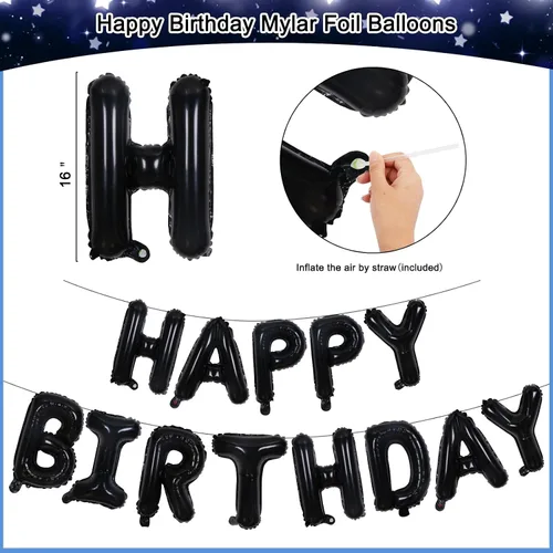 Miniatura 7 de Decoraciones de cumpleaños para niños, hombres, mujeres y niñas, decoración de fiesta de feliz cumpleaños azul y negro, pancarta de feliz