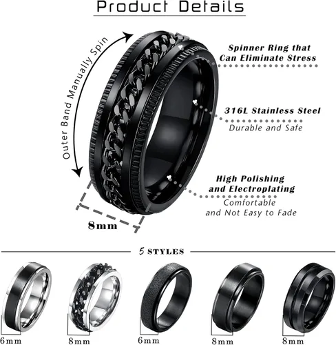 Miniatura 2 de sailimue Juego de 6 anillos giratorios negros de 039 pulgadas para hombres y mujeres anillos de acero inoxidable para aliviar la ansiedad