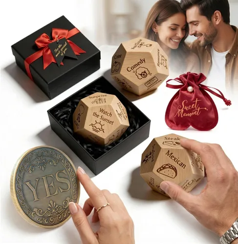 Juego de dados de noche de cita para parejas, decisor de dados de comida y dados de actividad de película con moneda de metal, juego romántico de 6