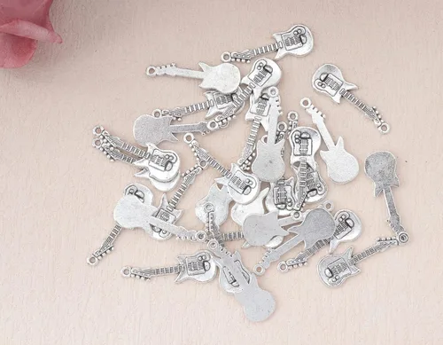 Miniatura 2 de Ruwado 30 dijes de guitarra de metal, lindos mini elementos musicales vintage, instrumentos colgantes para hacer joyas, kits de búsqueda de Plata