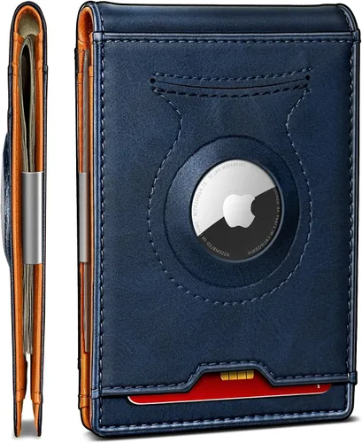 BULLIANT Billetera para hombre, delgada de cuero, con bloqueo RFID, para regalo, estándar y Airtag, 11 tarjetas, Azul purpúreo 3836, Minimalista