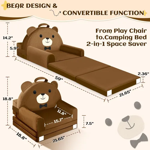 Miniatura 3 de Sofá cama para niños con funda extraíble lavable y respaldo de cinta mágica - Silla plegable para niños pequeños, cómodos muebles de terciopelo