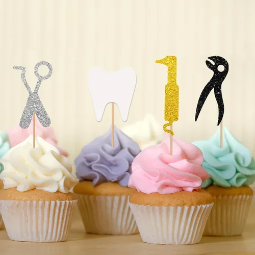 Miniatura 6 de 24 adornos para cupcakes para dentistas, decoración de pasteles de felicitaciones para dentistas, decoraciones de pastel con purpurina blanca