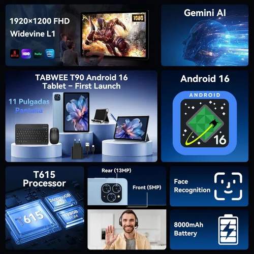Miniatura 4 de Tablet 2026 Android 16 Tablet with Gemini AI 3.5, 11 Inch FHD Display, 24GB RAM 128GB ROM/2TB TF, T7250 CPU + 13MP Camera, 8000mAh, Widevine L1