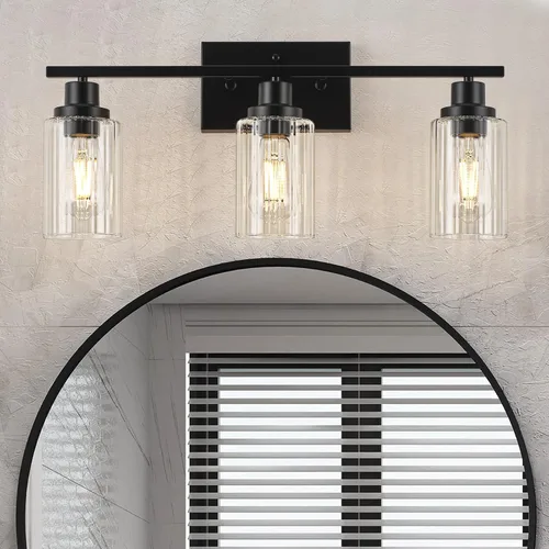 Miniatura 12 de Jonsi Accesorios de iluminación de baño dorados, 2 luces de tocador de oro cepillado con pantalla de vidrio estriada, luces modernas sobre espejo