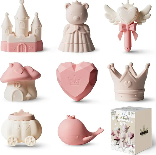 MarcZero Juguetes de Baño de Silicona Princesa 8 Piezas para Niños Pequeños Niños Bebés, Juguetes de Agua para Bañera, Conjunto de Juguetes de Rosa