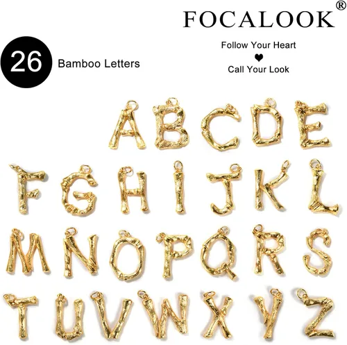 Miniatura 3 de FOCALOOK Collar de bambú chapado en oro de 18 quilates con dije de nombre inicial para mujer, collar grande con dije de letra de bambú