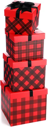 TaoBary 4 cajas de regalo apilables a cuadros de búfalo apilables de color rojo y negro, cajas decorativas con tapas, cubo de almacenamiento anidado