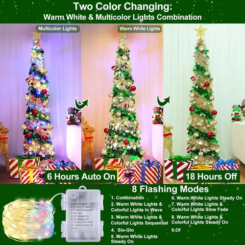 Miniatura 2 de [Temporizador y 8 modos] Árbol de Navidad delgado iluminado de 6 pies, feliz año nuevo 2025 con 100 luces cambiantes blancas cálidas y multicolor