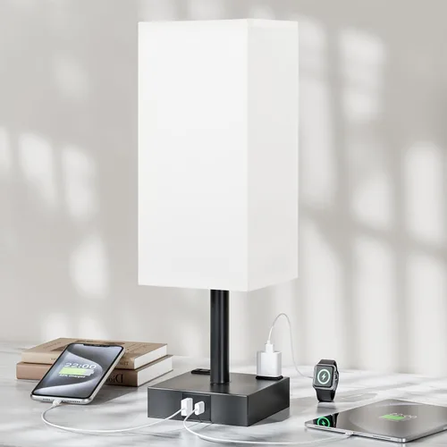 Miniatura 18 de Lámpara de mesa de noche táctil, con pantalla, puertos de carga USB C+A y salidas de CA duales, para dormitorio, sala de estar, oficina