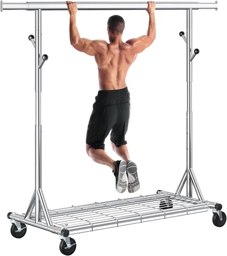 Gewudraw Perchero resistente para ropa con capacidad de carga de 240 kg, estante de ropa de metal con ruedas y estantes resistentes, perchero Plata