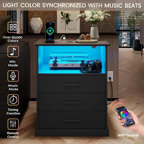 Miniatura 6 de Hasuit Mesita de noche con estación de carga y luces LED, mesita de noche grande con 3 cajones de almacenamiento, mesita de noche negra