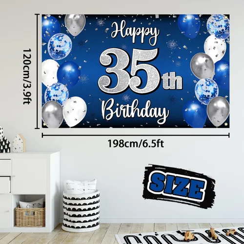Miniatura 2 de Decoración de feliz cumpleaños 35, globo azul y plateado de 35 años, cartel grande de telón de fondo de cumpleaños, suministros para fiesta de 35th
