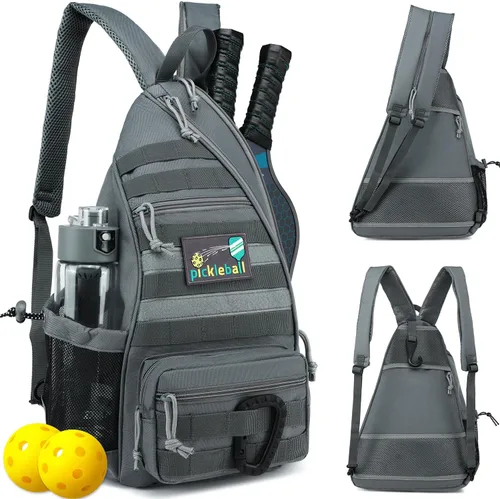 Miniatura 8 de Bandolera de pickleball SunForMorning, mochila táctica de pickleball para mujeres y hombres, bolsa de hombro ajustable con gancho para cerca y Marrón