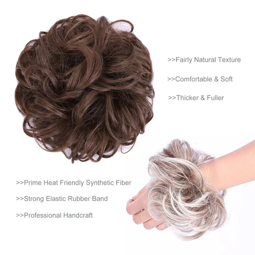 Miniatura 4 de Moño de cabello despeinado castaño, moños desordenados falsos sintéticos, moño rizado, moño recogido y moño, extensiones de cabello envolvente