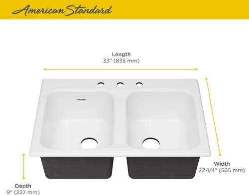 Miniatura 3 de American Standard 77DB33223.308 - Fregadero de cocina de hierro fundido con membrillo de 33 x 22 pulgadas, montaje superior, 3 agujeros