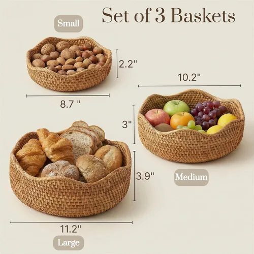 Miniatura 5 de YANGQIHOME Cesta de pan de ratán, cestas de frutas redondas, cuencos de almacenamiento de mimbre, cuencos de cesta de servicio tejida natural